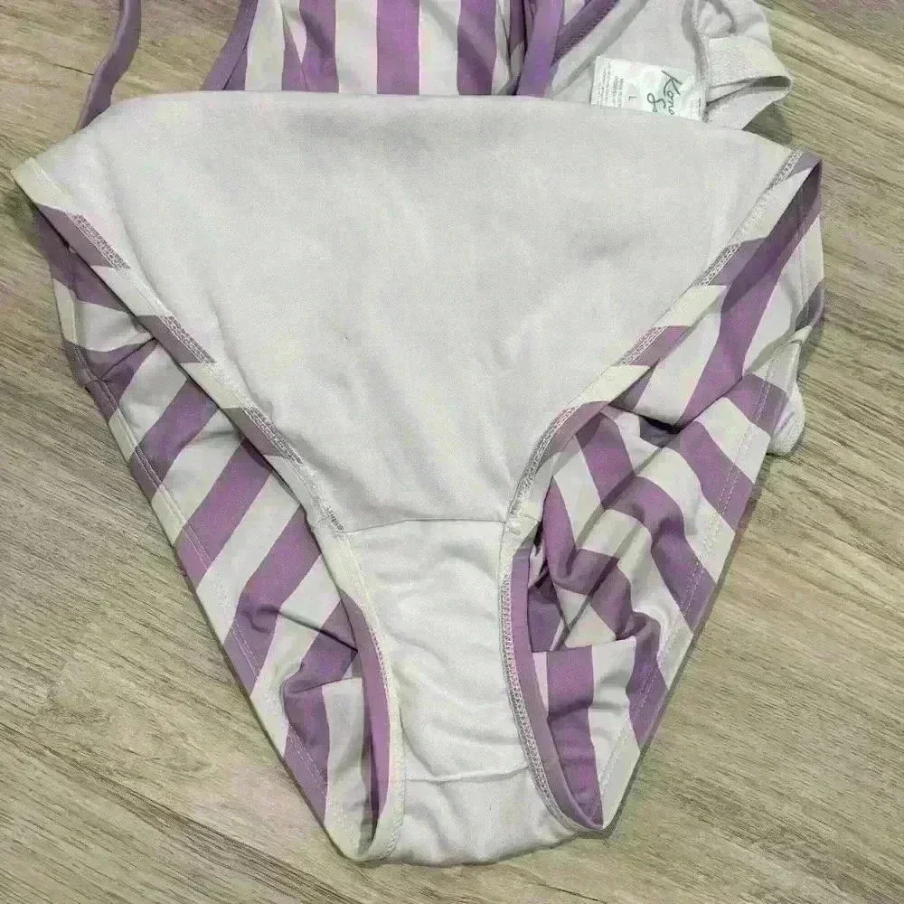 Kona Sol Purple Stripe V Neck Low Back High Leg One Piece Swimsuit Size L